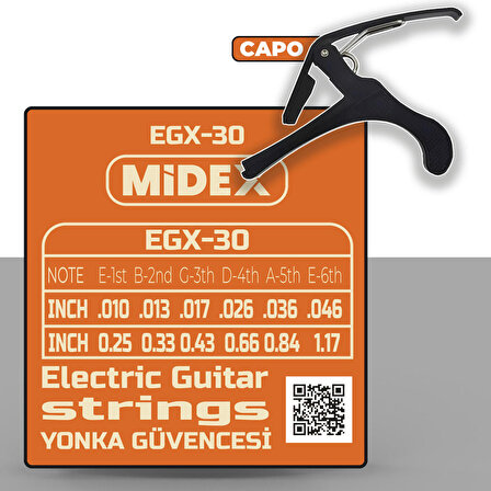 Midex EGX-30C Elektro Gitar Teli Takımı Pena ve Kapo (Capo) Seti